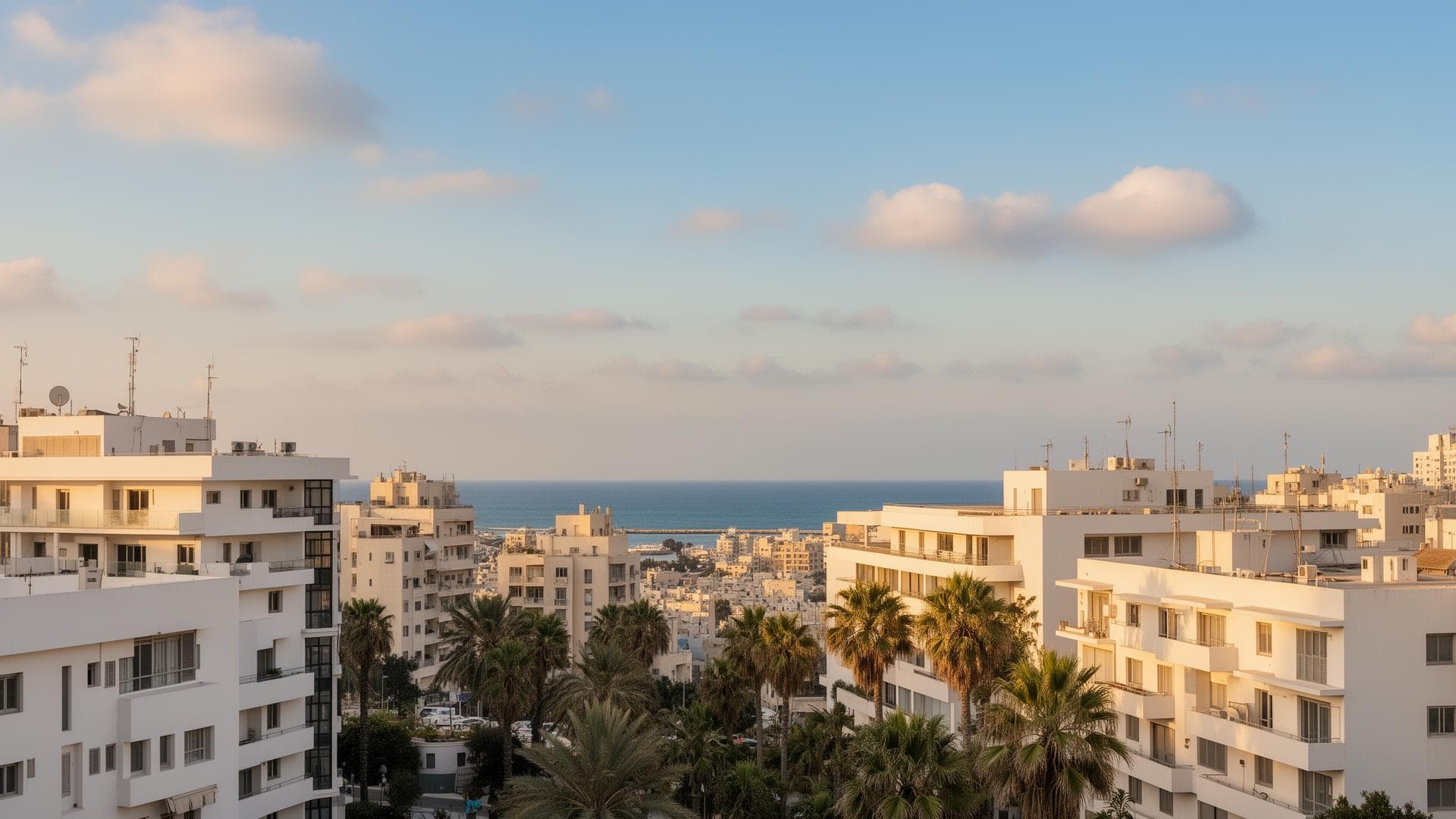 Tel Aviv rooftops and palm trees running down to the sea